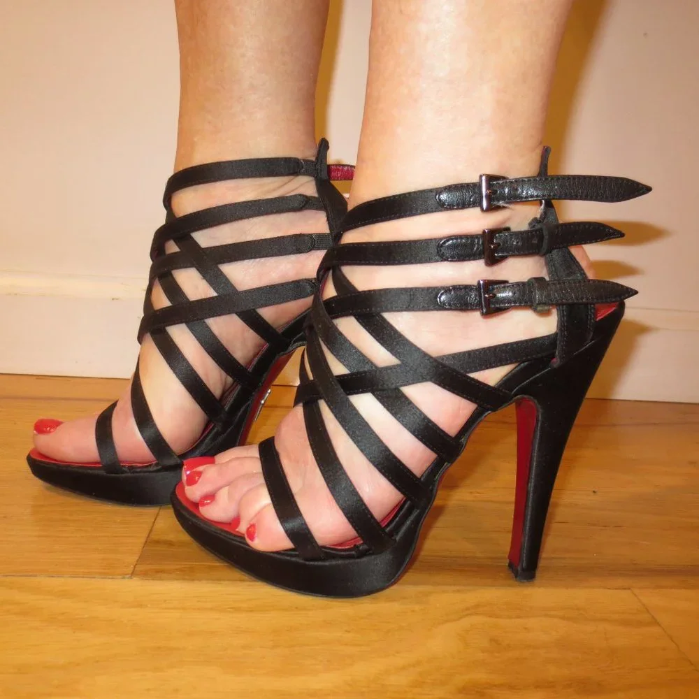 LAST CHANCE CESARE PACIOTTI Black Satin Multi Strapped Mini Platforms - Picture 3 of 9